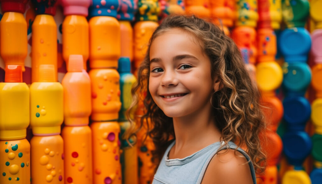 Cute girl playing with colorful toy outdoors happily generated by artificial intelligence